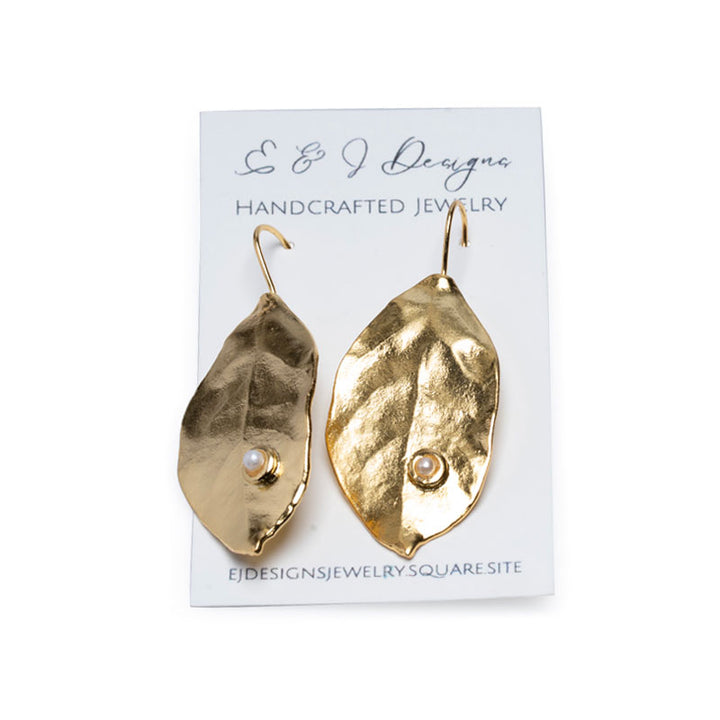 E & J Designs Handcrafted Jewelry Gold brass pearl leaf earrings