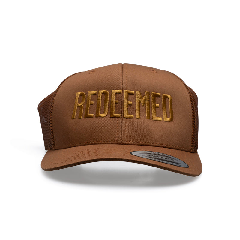 Evora Design Co. REDEEMED Embroidered Trucker Hat – Caramel & Gold | Christian Faith Hat | Mesh Back Cap
