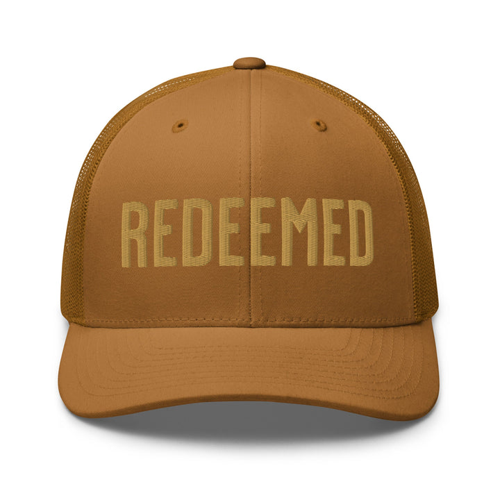 Evora Design Co. REDEEMED Embroidered Trucker Hat – Caramel & Gold | Christian Faith Hat | Mesh Back Cap
