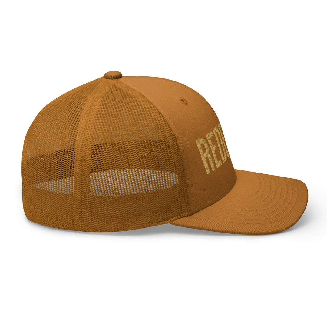 Evora Design Co. REDEEMED Embroidered Trucker Hat – Caramel & Gold | Christian Faith Hat | Mesh Back Cap