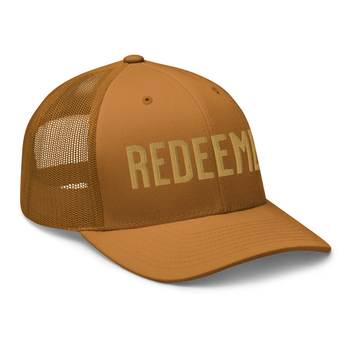 Evora Design Co. REDEEMED Embroidered Trucker Hat – Caramel & Gold | Christian Faith Hat | Mesh Back Cap