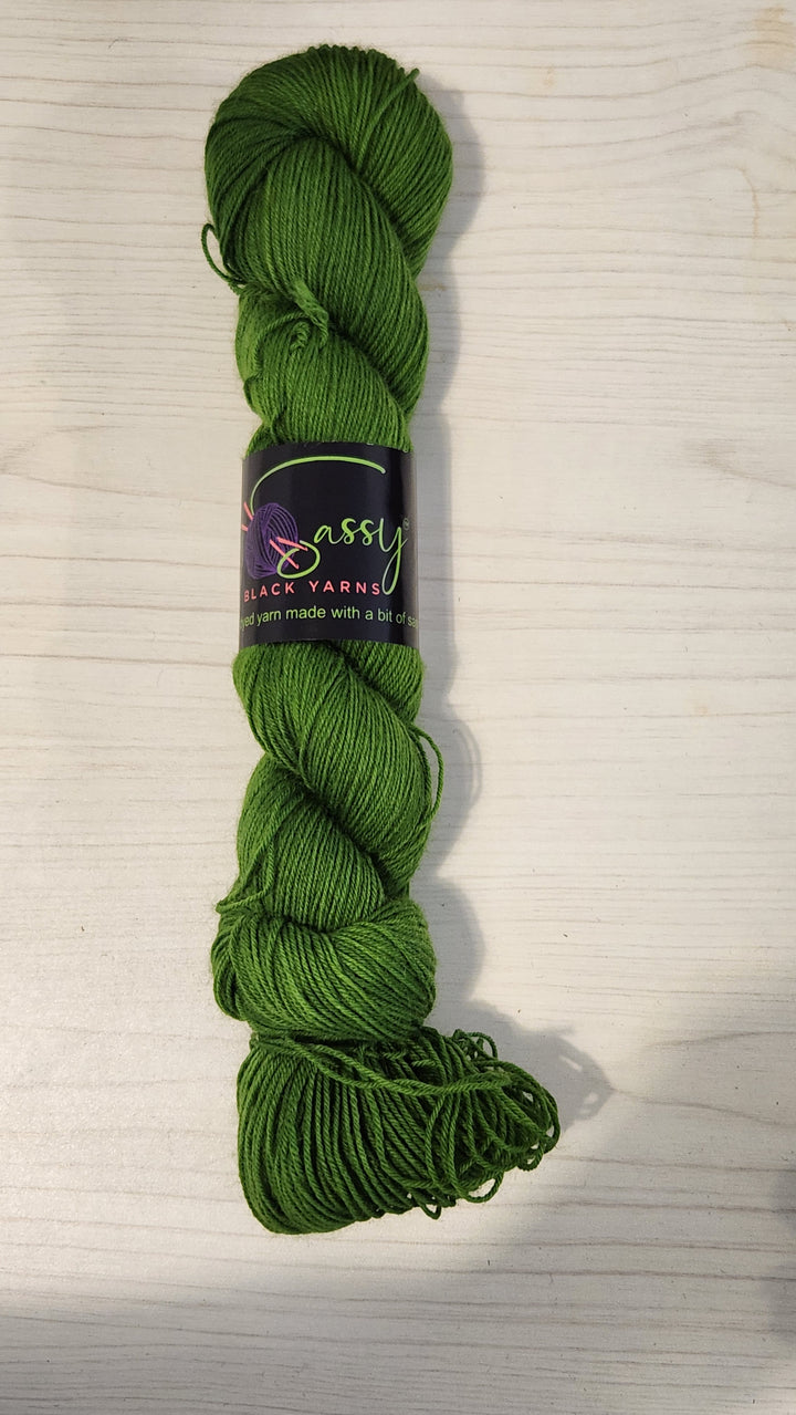 Sassy Black Yarns hand dyed yarn colorway: Sour Apple