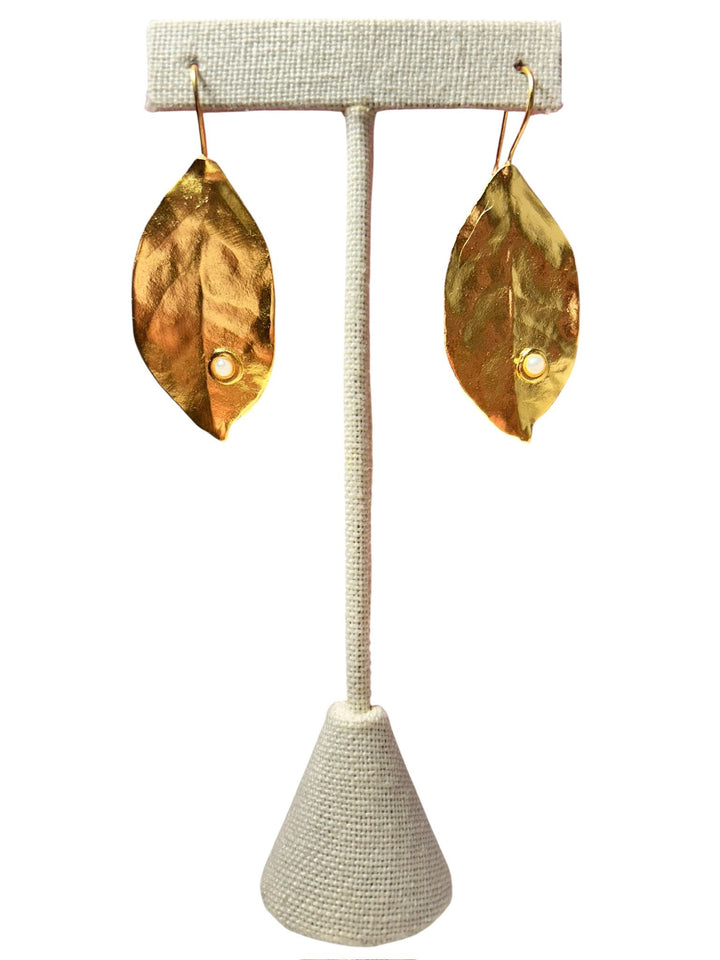 E & J Designs Handcrafted Jewelry Gold brass pearl leaf earrings