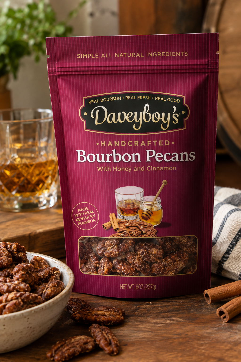 Daveyboy's Bourbon Pecans with Honey and Cinnamon 8 oz bag