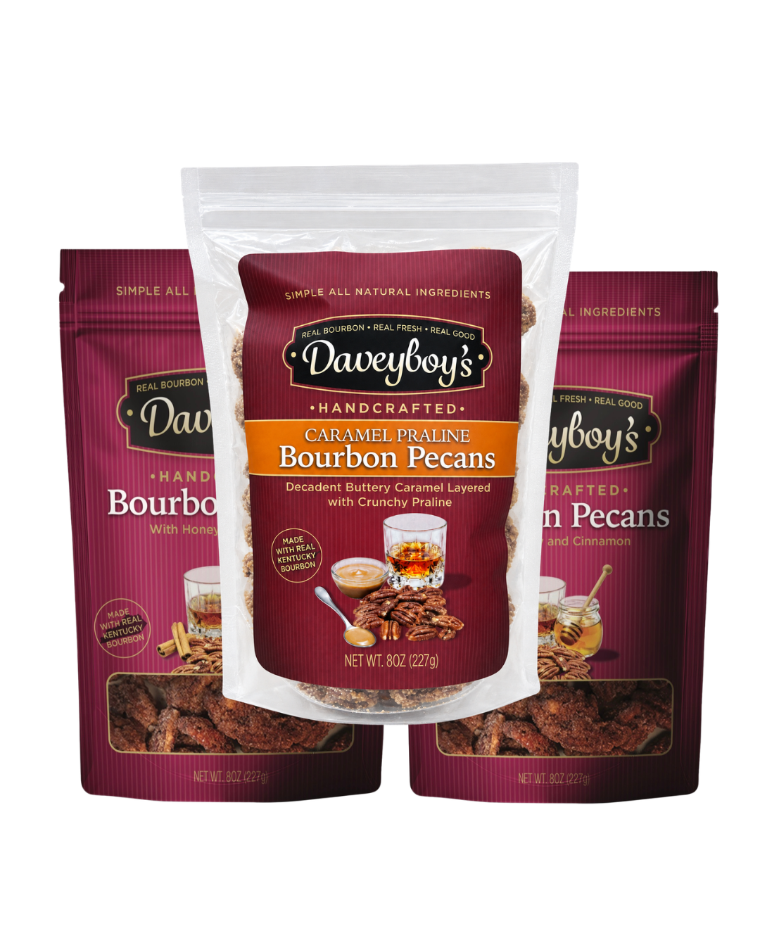Daveyboy's  Bourbon Pecans 3- 8 oz bag bundle, mixed flavors. 2 bags Honey and Cinnamon , one bag Caramel Praline
