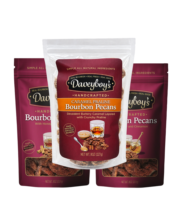 Daveyboy's  Bourbon Pecans 3- 8 oz bag bundle, mixed flavors. 2 bags Honey and Cinnamon , one bag Caramel Praline