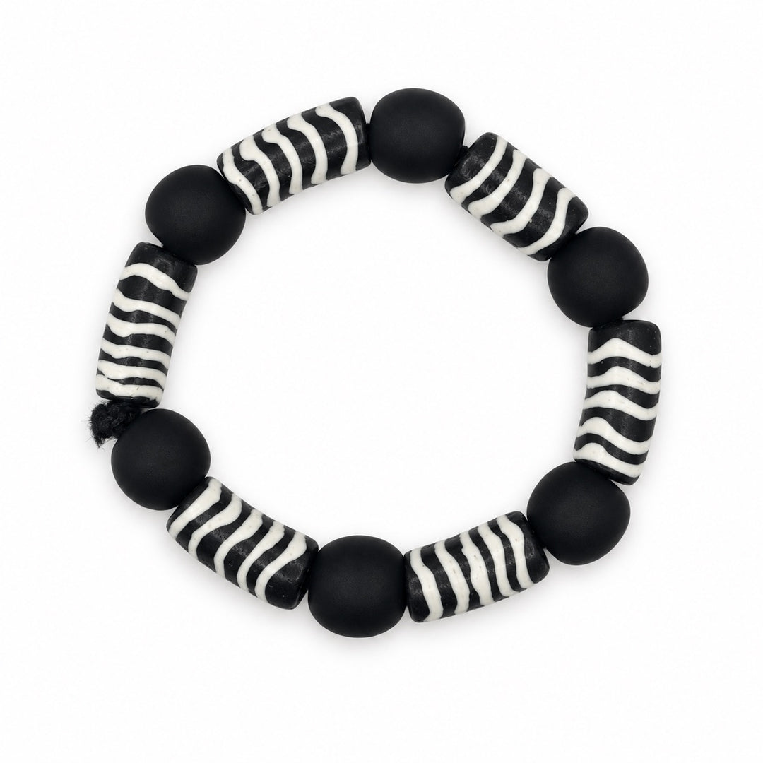 KATROCENTRIC Black Glass Beaded Braccelet with White Stripes