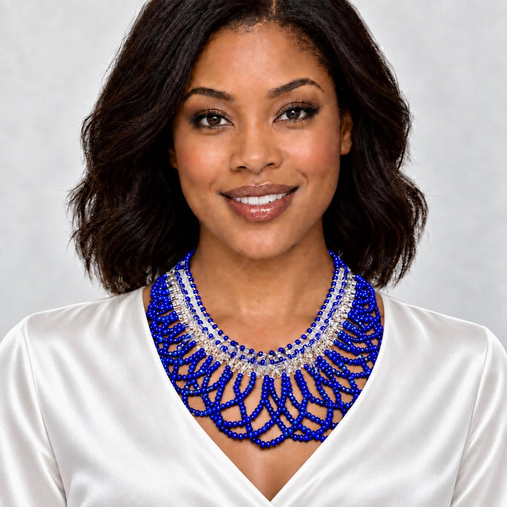 KATROCENTRIC Royal Blue Glass Beaded Lace Necklace