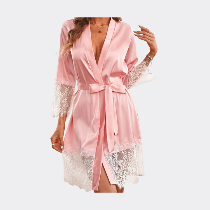 Sweetly Dorm Kimono Satin Sleepwear Robe with Lace Trims