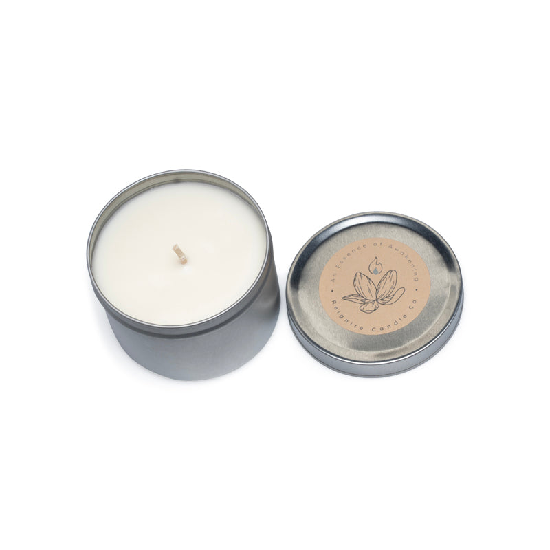Reignite Candle Co "Spiced Tea" Soy Wax Candle - Metal Tin-Silver  6 oz