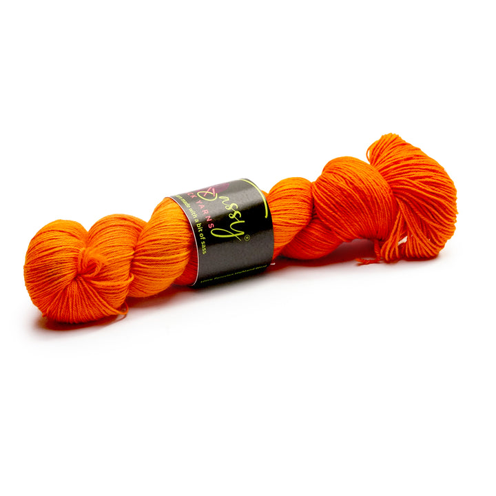 Sassy Black Yarns hand dyed yarn colorway: Orange You Glad To See Me