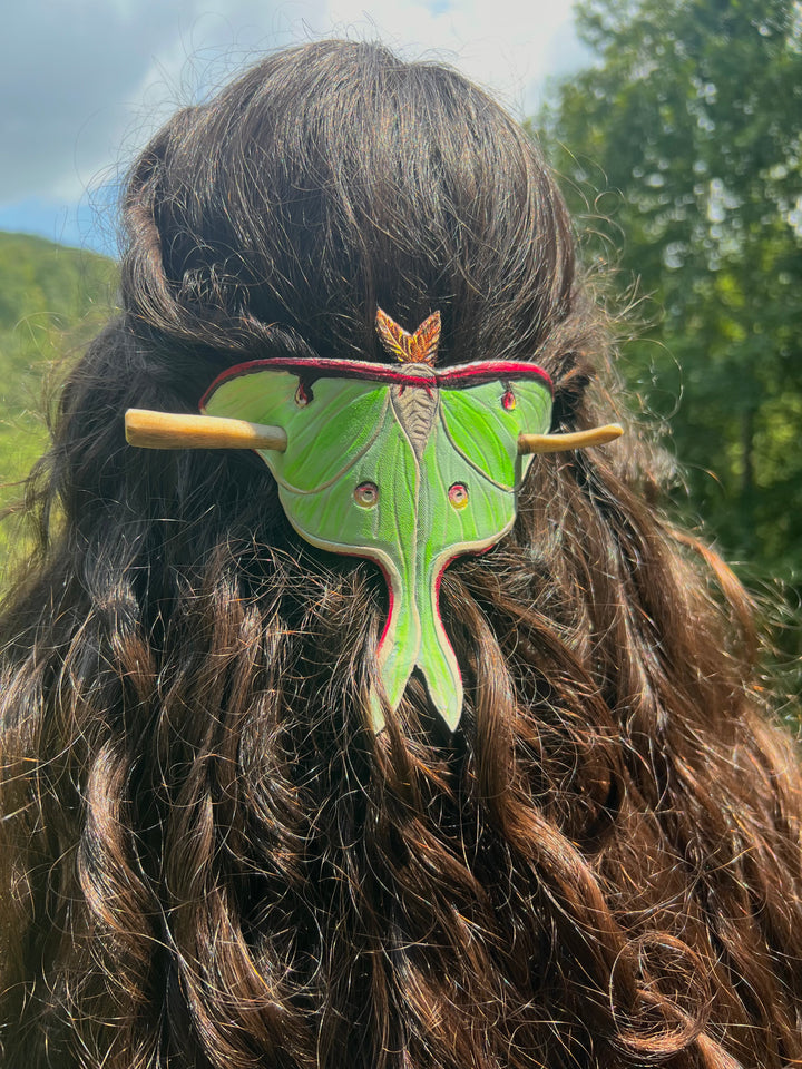 Stitchwalker Leather Handmade Luna Moth Hairpiece